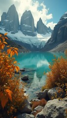 Poster - Serene alpine lake nestled amidst jagged peaks, with autumn foliage adding warm colors, clear blue water, rocky shore and mountain