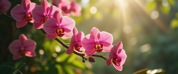 Poster - Pink Striped Orchid Flowers on a Branch with Warm Sunlight Background in Bloom