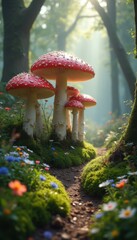 Poster - Enchanted Forest Path with Red and White Mushrooms