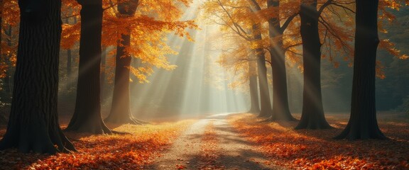 Poster - Forest path through autumn leaves in woodland with morning light streaming through tall trees