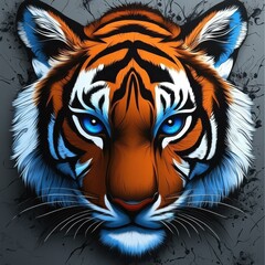 Poster - Majestic Tiger Portrait with Bold Blue Eyes and Vibrant Orange Stripes on Textured Gray Background