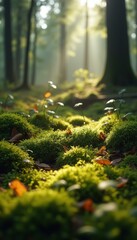 Aufkleber - Enchanted Forest Floor: Sunlit Moss Patches and Delicate Flora in a Mystical Woodland Setting
