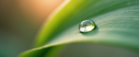 Poster - Dewdrop resting on a vibrant green leaf, reflecting natural light and surrounding foliage