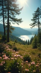 Aufkleber - Scenic Mountain Lake Vista with Wildflowers and Pine Trees in Sunlight