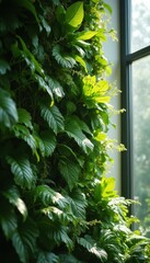 Aufkleber - Lush green plants create a living wall indoors, with sunlight streaming through a nearby window.