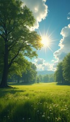Poster - Serene Meadow Scene with Sunlight Streaming Through Trees and a Blue Sky, Peaceful Landscape