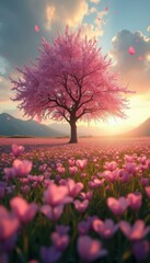 Poster - Stunning Pink Blossom Tree in a Flower Meadow at Sunset: Dreamy Landscape Scene