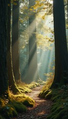 Aufkleber - Sunlight filters through a dense forest canopy, illuminating a mossy path flanked by towering trees