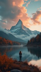 Poster - Woman gazes at majestic mountain lake during a vibrant sunset with orange trees and sky, reflecting on the tranquil water