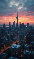 Aufkleber - Impressive Futuristic Skyline During Sunset Displaying Various High-rise Buildings with Towering Structure in the Center