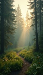 Poster - Forest Path at Dawn: A Serene Scene of Sunlight Filtering Through Trees
