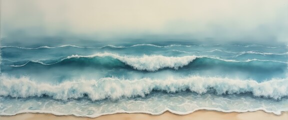 Poster - Ocean waves crashing on a sandy shore, creating a beautiful and serene coastal landscape with clear blue water and foamy whitecaps.