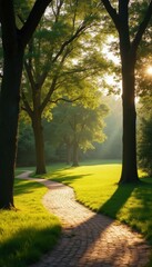 Poster - Serene Pathway through a Sunlit Forest Park in Early Morning Light