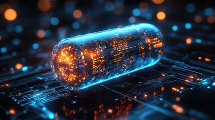 Poster - Futuristic Digital Pill on Circuit Board: Glowing Blue & Orange Tech Medicine Innovation Concept, 32k Resolution