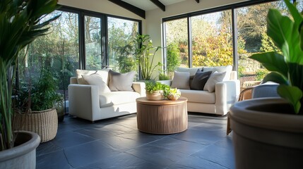 Poster - cozy indoor living space with large windows allowing natural light in a serene garden setting