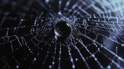 Close-up of a spider web with shimmering dew drops forming a natural pattern in the morning light