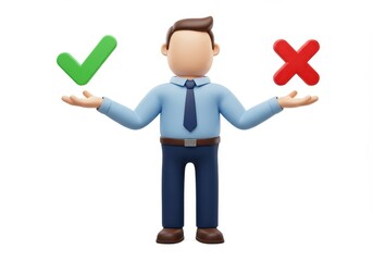 Poster - 3D Illustration of Cartoon man holding check mark and x mark isolated on white background