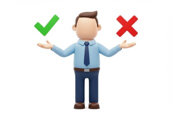 Poster - 3D Illustration of Cartoon man presenting choice between check mark and x isolated on white background