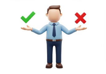 Poster - 3D Illustration of Cartoon man presenting check mark and cross isolated on white background