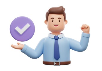 Poster - 3D Illustration of Cartoon businessman presenting a check mark isolated on white background