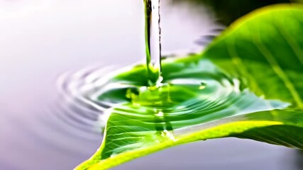 Poster - Close-up of pouring water stream on a bright green leaf creating circular ripples in the light purple water, nature concept