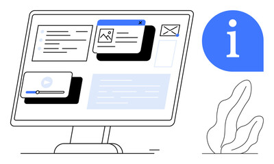 Poster - Desktop screen with multimedia cards, text, email, image popups, and video player. Ideal for technology, communication, productivity, online learning media management web design simple landing