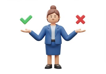 Poster - 3D Illustration of Cartoon woman holding check mark and cross isolated on white background