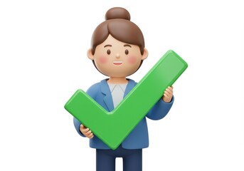 Fototapete - 3D Illustration of Cartoon woman holding a green check mark isolated on white background