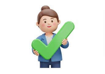 Poster - 3D Illustration of Cartoon woman holding a green check mark isolated on white background