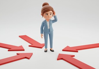 3D Illustration of Cartoon businesswoman in blue suit confused by red arrows isolated on white background