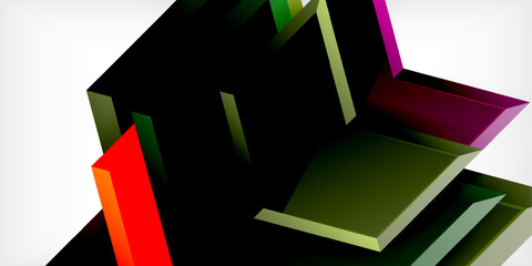Poster - Abstract geometric shapes overlap, creating dynamic composition. Colors include red, green, purple, black, white. Minimalist design.
