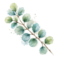 Aufkleber - Watercolor Leaf Branch with Green and Blue Tinted Foliage on a White Background