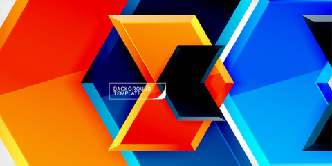 Leinwandbilder - Abstract geometric shapes overlap, creating vibrant orange, blue gradients. Dark background emphasizes bright design elements. Modern template.