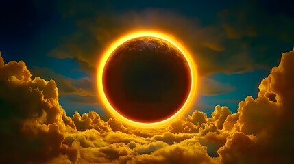 Wall Mural - dramatic annular solar eclipse over golden cloudscape celestial event photography