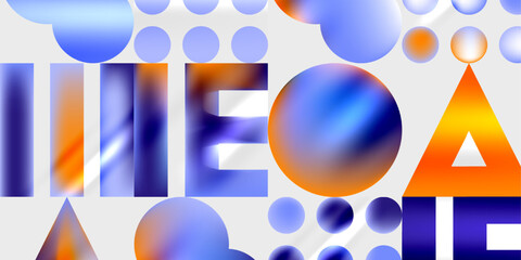Leinwandbilder - Abstract composition. Letters, shapes, circles blend. Blue, orange hues dominate. Modern design, vibrant, playful aesthetic.