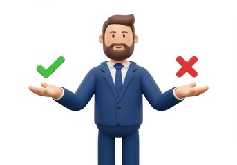 Poster - 3D Illustration of Cartoon man in suit holding check mark and cross isolated on white background