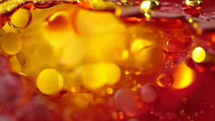 Poster - Dynamic drops of yellow glitter in red oil or ink diffusing through liquid, creating an abstract syrup swirls
