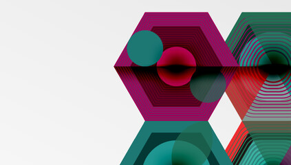Leinwandbilder - Abstract geometric composition. Hexagons, circles overlap creating vibrant visual effect. Modern design, clean lines, bold colors present.