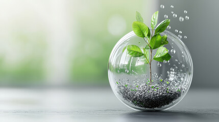 Aufkleber - Small green plant grows inside transparent glass sphere, symbolizing environmental protection and sustainability. scene conveys sense of hope and ecological balance