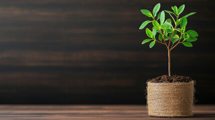 Aufkleber - Small green plant in burlap wrapped pot sits on wooden surface, symbolizing growth and sustainability. dark wooden background enhances vibrant leaves