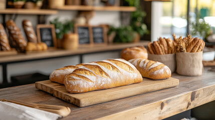 Poster - Freshly baked artisan bread with golden crusts sits on wooden table in cozy bakery, surrounded by rustic decor and natural light, creating warm and inviting atmosphere