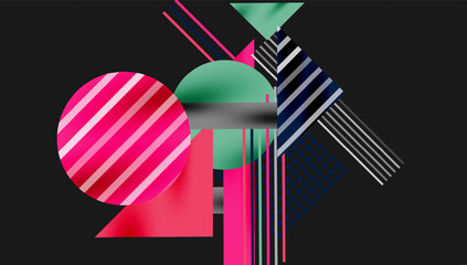 Poster - Abstract geometric composition. Shapes overlap, creating dynamic visual interest. Pink, teal, gray dominate dark background. Modern design.