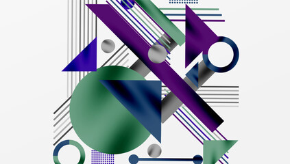 Fototapete - Abstract composition. Geometric shapes overlap, creating dynamic visual effect. Purple, green, gray dominate design. Lines add texture.