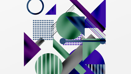 Fototapete - Abstract geometric composition. Shapes overlap, creating dynamic visual interest. Purple, green, gray dominate design. Modern aesthetic.