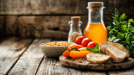 Poster - Rustic kitchen scene with fresh vegetables, bread, and bottle of oil on wooden table, evoking sense of natural and healthy living