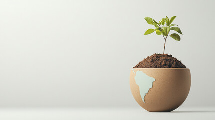 Aufkleber - Small plant grows in pot filled with soil, featuring map of South America, symbolizing environmental growth and sustainability. minimalist background emphasizes plant significance