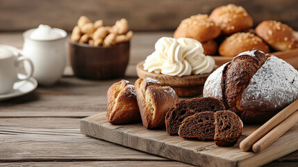 Aufkleber - Variety of freshly baked bread and pastries, including chocolate loaf and croissants, are displayed on wooden board. Whipped cream and nuts are in background, creating cozy bakery atmosphere