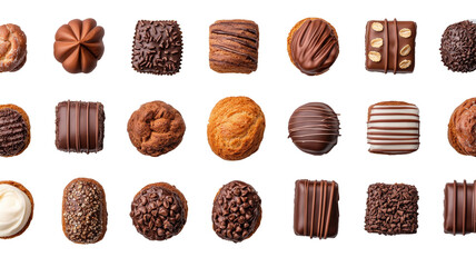 Aufkleber - Variety of delicious pastries and chocolates are arranged neat rows, showcasing different textures and designs. assortment includes chocolate covered treats, nut topped delights, and intricately