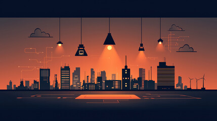 Poster - Futuristic cityscape silhouette is illuminated by hanging lights, set against warm orange background. scene includes various skyscrapers, wind turbines, and digital circuit patterns, suggesting