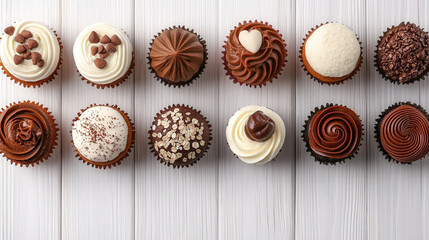 Poster - Variety of beautifully decorated cupcakes are arranged in row on white wooden surface, showcasing different toppings like chocolate chips, cream swirls, and sprinkles